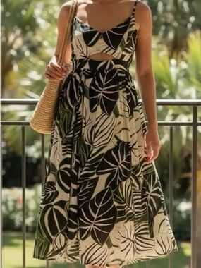 Joie Black and Green Leaf Print Cotton Maxi Dress